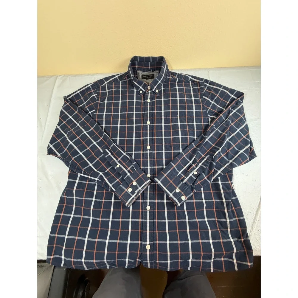 Banana Republic Soft Wash‎ Slim Fit Navy Plaid Cotton Button Down Shirt Mens XL
